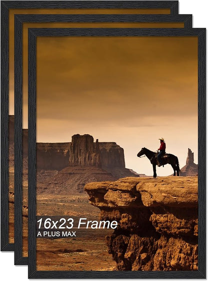 A PLUS MAX 16x23 Picture Frame Set of 3, Black Engineered Wood Frame for 16 x 23 Inch Picture Poster Photo, Light Weight 16 by 23 Frame with Wood-grain for Wall - 3 Pack/Black/16 x23