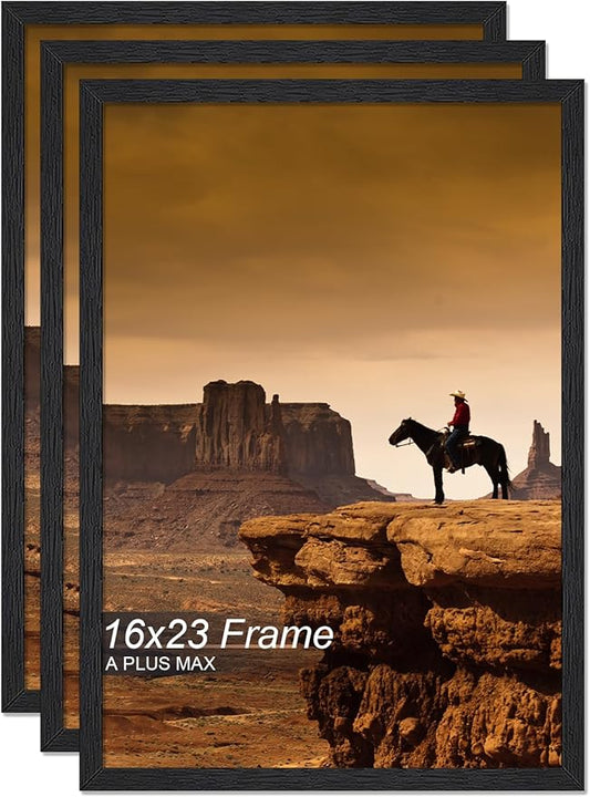 A PLUS MAX 16x23 Picture Frame Set of 3, Black Engineered Wood Frame for 16 x 23 Inch Picture Poster Photo, Light Weight 16 by 23 Frame with Wood-grain for Wall - 3 Pack/Black/16 x23