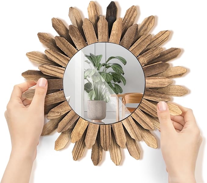 Wall Mirror Decorative, 12 inch Small Rustic Wood Boho Mirrors, Clear Sunburst Mirrors for Home Farmhouse Bedroom Entryway Decor House Warming Gifts New Home, No Distortion