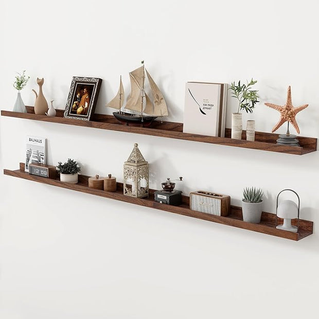 Axeman Oak Picture Ledge Shelf, 72 Inch Floating Shelves Set of 2, Solid Oak Wood Wall Shelves with Lip, Wall Decor Storage for Bedroom Living Room Bathroom Kitchen Nursery Photo Picture, Walnut