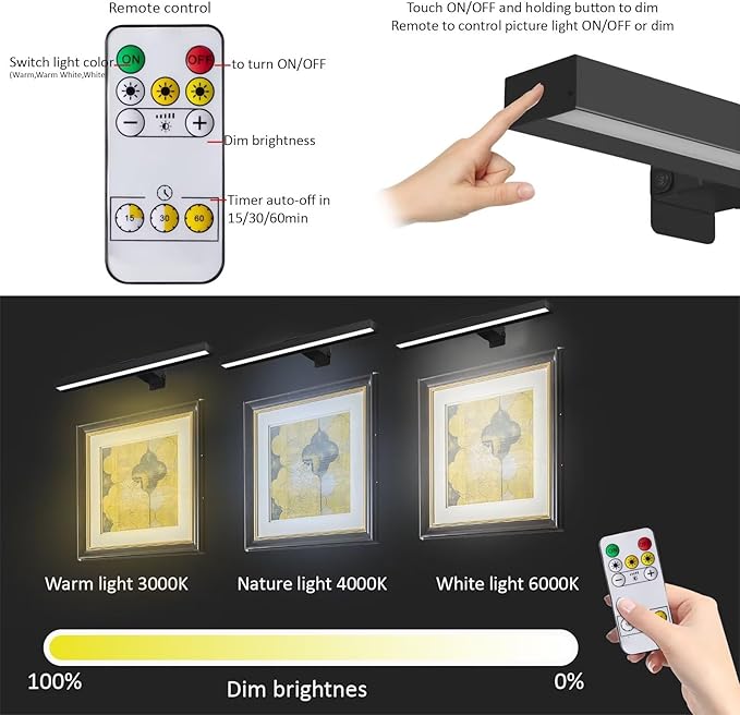 MIOBLUE Cordless Picture Lights with Remote, 16in Metal Battery Operated Picture Light,Rechargeable Display Lamp with 3 Lighting Modes, Dimmable Dartboard Light with Timer for Frame Wall Portrait Art