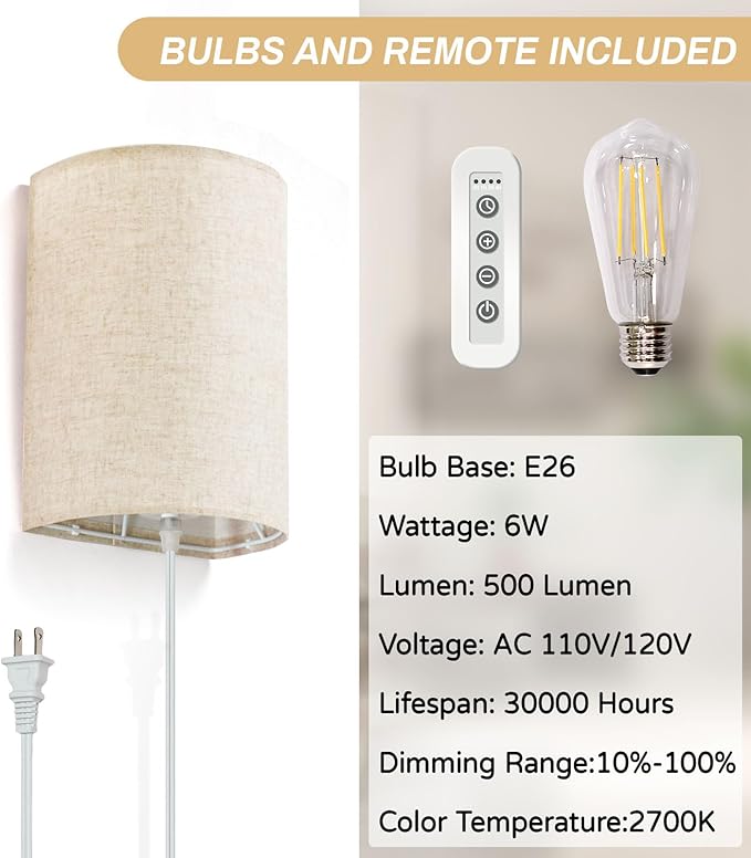 Wall Sconce Light Plug in, Dimmable Sconces Wall Decor Set of 2, Stick on Wall Lights for Bedroom Living Room Hallway, Plug in Wall Sconces with Remote, LED Bulbs Included