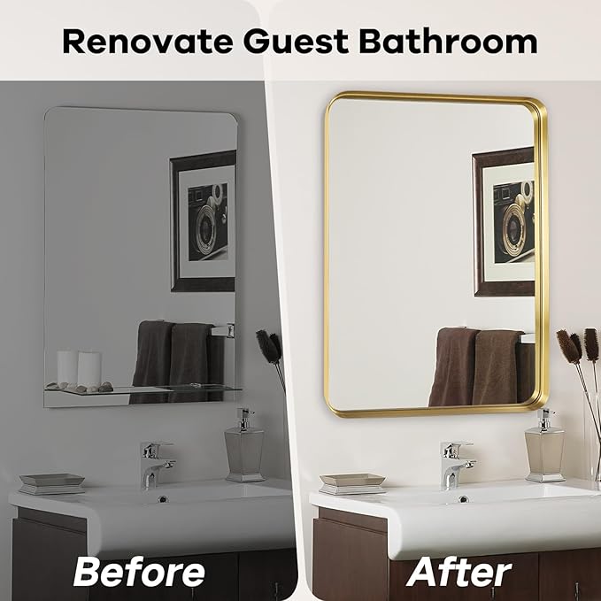 Bathroom Mirror - 28x36 Inch Wall Mirrors for Bathroom, Gold Frame Rectangle Vanity Mirror for Restroom, Entryway, Hanging Vertically or Horizontally