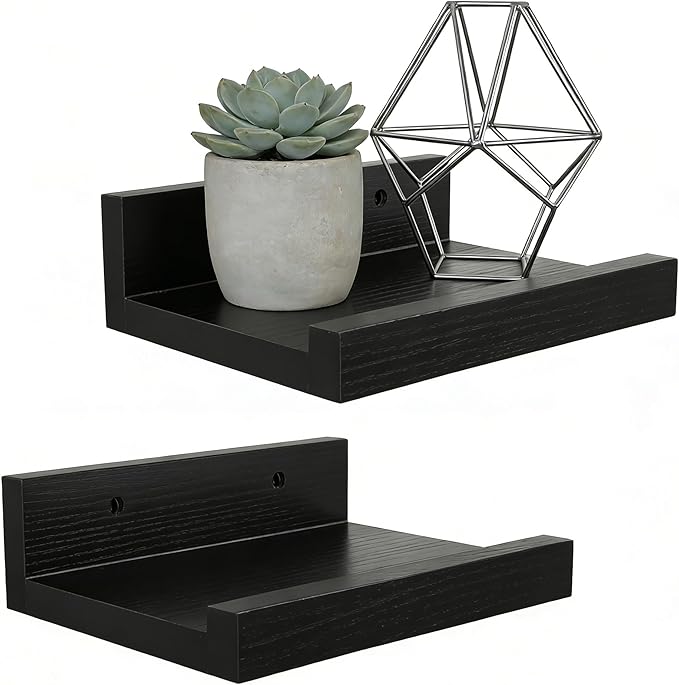 Z metnal Small Floating Shelves, Natural Wooden Display Wall Shelf for Picture Ledge, Nursery Floating Shelves, Black, Wall Mounted, 8 x 5.5 inch, 2 Pcs