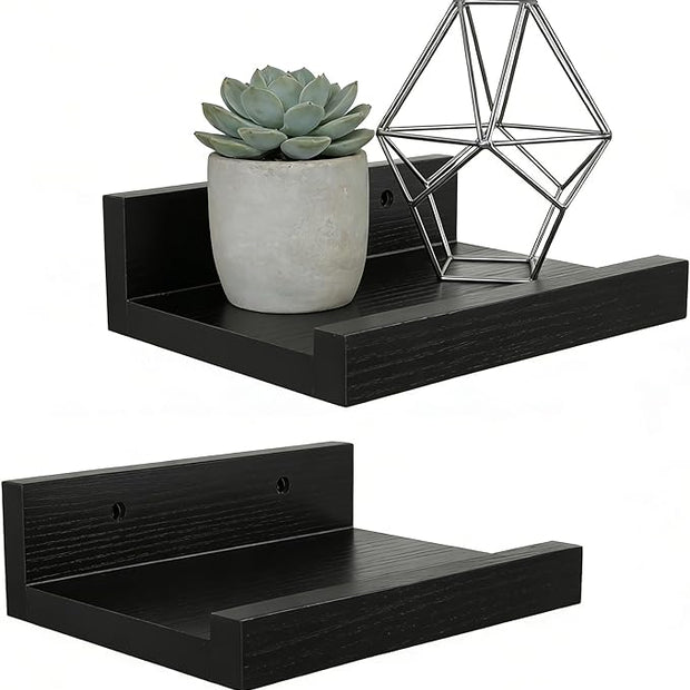 Z metnal Small Floating Shelves, Natural Wooden Display Wall Shelf for Picture Ledge, Nursery Floating Shelves, Black, Wall Mounted, 8 x 5.5 inch, 2 Pcs