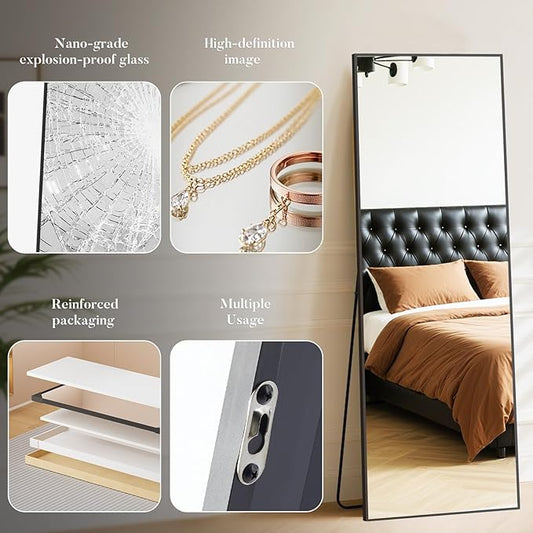 OLIXIS Full Length Mirror 59"x16.3" for Bedroom, Full Body Mirror with Stand, Hanging or Leaning for Wall, Aluminum Alloy Thin Frame Floor Standing for Living Room, Long, Black