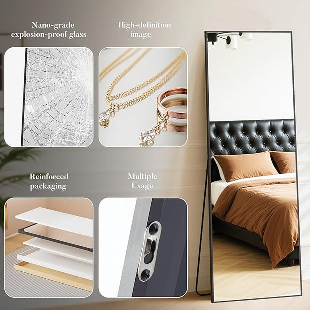 OLIXIS Full Length Mirror 59"x16.3" for Bedroom, Full Body Mirror with Stand, Hanging or Leaning for Wall, Aluminum Alloy Thin Frame Floor Standing for Living Room, Long, Black