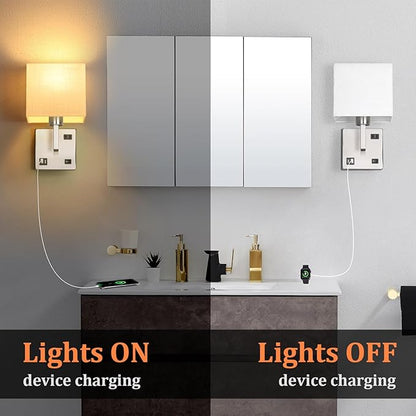 AVV Bedroom Sconces Set of 2, Wall Mounted Bedside Lamps with USB Port, AC Outlet and 3 Color Selectable 2700K/4000K/5000K, Wall Lamps for Bedroom Living Room Hotel, Hardwire, Nickel