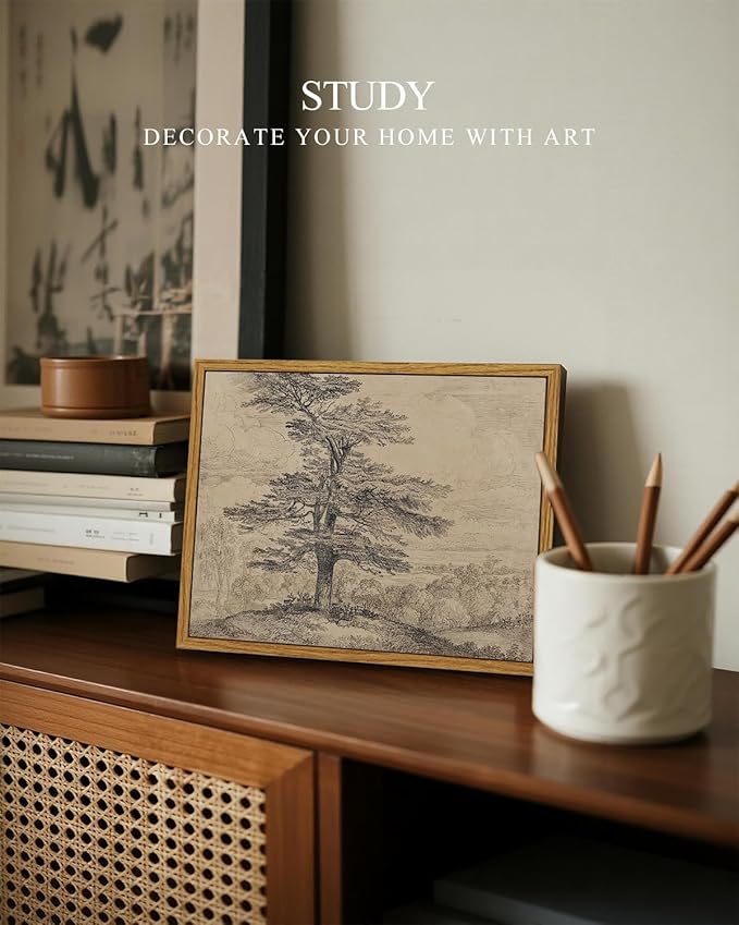 InSimSea Framed Canvas Print Art, Vintage Tree Sketch Landscape Painting, Rustic Farmhouse Cottage Decor for Hallway Wall Floating Shelf Desk Vanity Fireplace,10x8 in, Neutral Tones