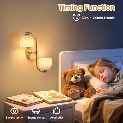 Battery Operated Wall Sconce, 2-Lights Vinatge Brass Wall Lighting Up and Down with White Tulip Shade for Living Room, Bedroom, Symmetrical 2 Pack