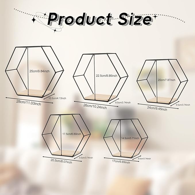 Wall Mounted Hexagonal Floating Shelves Black Set of 5 in Different Sizes, Modern Metal Shelf, Simple Wood Partition Storage Shelves, Decor Rack for Bedroom, Living Room, Kitchen and Office