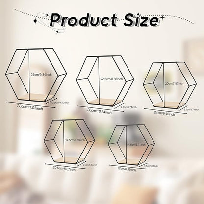 Wall Mounted Hexagonal Floating Shelves Black Set of 5 in Different Sizes, Modern Metal Shelf, Simple Wood Partition Storage Shelves, Decor Rack for Bedroom, Living Room, Kitchen and Office