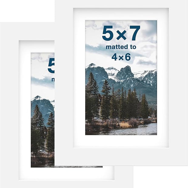 FrameWorks 2-Pack, 5x7 Matted to 4x6 Picture Frame, White – Classic Wooden Photo Frame with Tempered Glass, Modern Matte Finish for Prints, Posters, Certificates & Wall Decor – Gallery-Ready