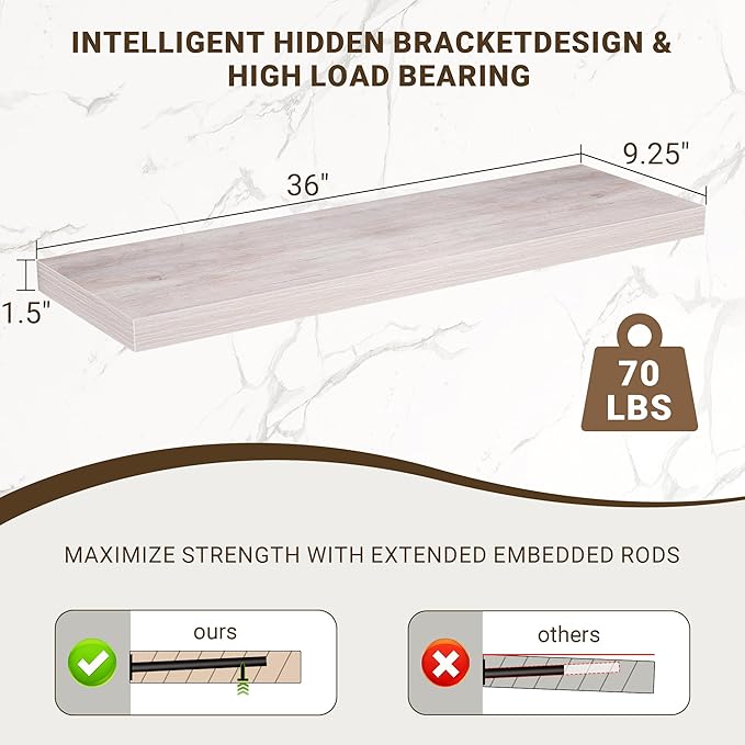 36 Inch Floating Shelves, 3D Textured Wood Grain, 36
