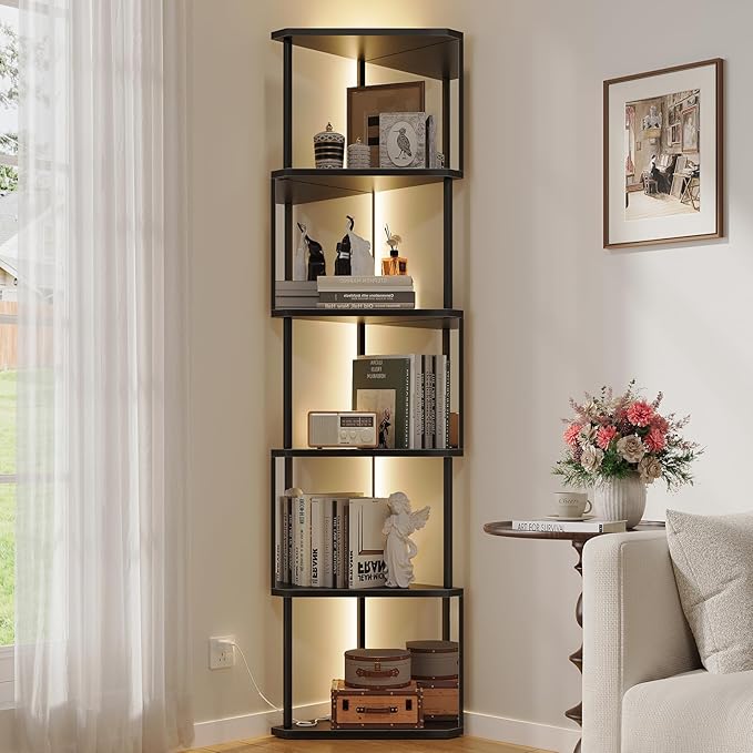Industrial Corner Shelf with LED Lights & Mirror-Effect Panels, 6-Tier Modern Corner Bookshelf with Remote Control Color-Changing Lights, Space-Saving Display Unit for Bedroom & Living Room