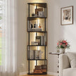Industrial Corner Shelf with LED Lights & Mirror-Effect Panels, 6-Tier Modern Corner Bookshelf with Remote Control Color-Changing Lights, Space-Saving Display Unit for Bedroom & Living Room