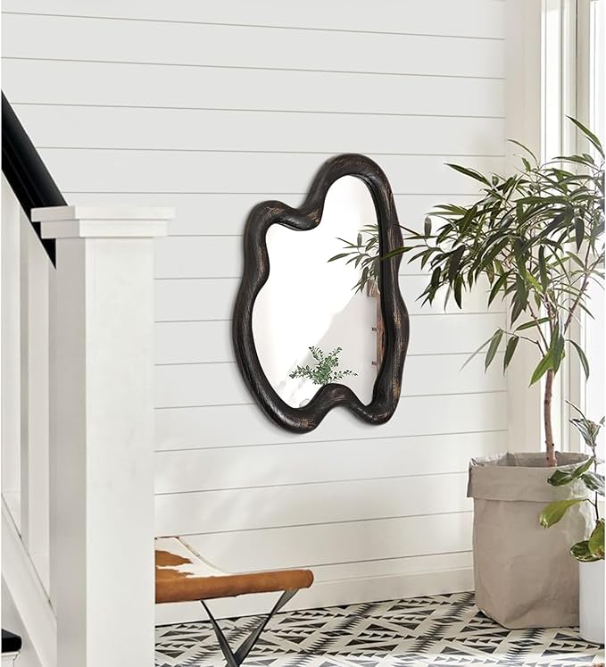 AAZZKANG Large Wall Mirror with Wood Framed 24"x16" Vintage Irregular Wall Mirror Asymmetrical Hanging Mirror for Bathroom Bedroom Living Room Entryway