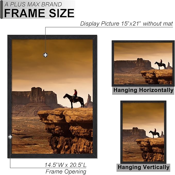 A PLUS MAX 15x21 Picture Frame Set of 3, Black Engineered Wood Frame for 15 x 21 Inch Picture Poster Photo, Light Weight 15 by 21 Frame with Wood-grain for Wall - 3 Pack/Black/15 x21