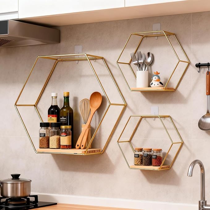 3 Pieces Hexagon Floating Shelves, Hexagon Wall Shelves, Gold Metal Wall Shelves with Wooden Panels – Modern Wall Decor for Bedroom, Living Room & Office Storage (Gold)