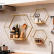 3 Pieces Hexagon Floating Shelves, Hexagon Wall Shelves, Gold Metal Wall Shelves with Wooden Panels – Modern Wall Decor for Bedroom, Living Room & Office Storage (Gold)