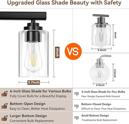 VerRon 4 Lights Bathroom Light Fixtures, Matte Black Modern Vanity Lights Over Mirror with Clear Glass Shades, Bathroom Wall Sconce for Mirror Living Room Cabinet Bedroom Porch