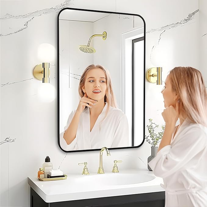 Fabuday Black Bathroom Mirror for Over Sink - 24x36 Wall Mirror with Matte Metal Frame, Big Rounded Rectangular Vanity Mirrors for Bedroom, Living Room, Entryway, Horizontally/Vertically