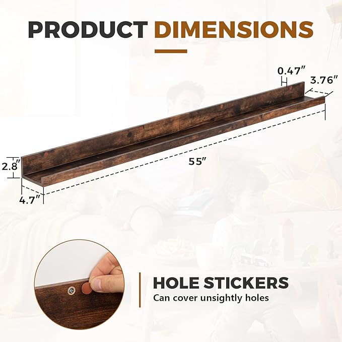 Muzilife 55" Large Floating Wall Ledge Shelves with Lip - Set of 2 Rustic Wood Floating Shelves - Honey Brown Wall Mounted Picture Ledge for Office, Bathroom, Bedroom, Living Room, Kitchen