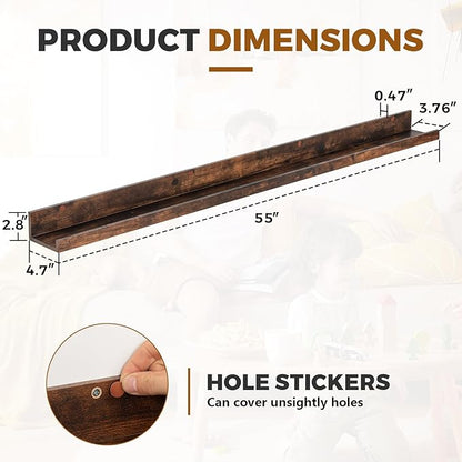 Muzilife 55" Large Floating Wall Ledge Shelves with Lip - Set of 2 Rustic Wood Floating Shelves - Honey Brown Wall Mounted Picture Ledge for Office, Bathroom, Bedroom, Living Room, Kitchen