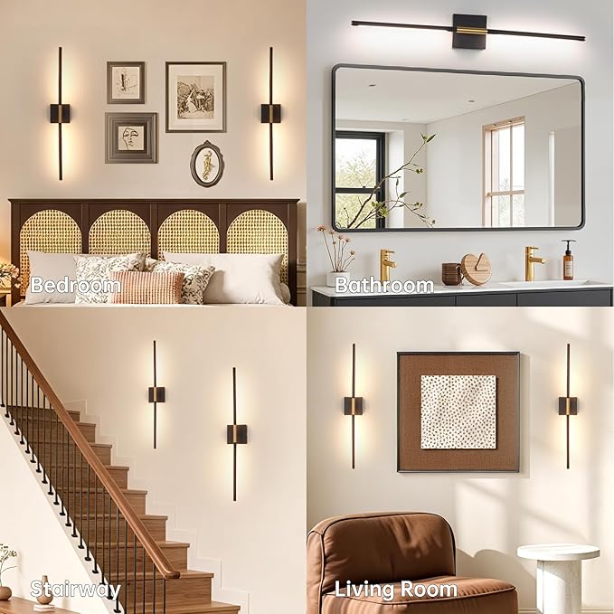 Battery Operated Wall Sconce Set of 2, 10400mAh Wireless Wall Sconces, 3000K-6000K Dimmable, 350°Rotate, Indoor Wall Lights with Remote for Bedroom Living Room Bathroom, Black Gold, 31.5 Inch