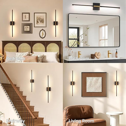 Battery Operated Wall Sconce Set of 2, 10400mAh Wireless Wall Sconces, 3000K-6000K Dimmable, 350°Rotate, Indoor Wall Lights with Remote for Bedroom Living Room Bathroom, Black Gold, 31.5 Inch