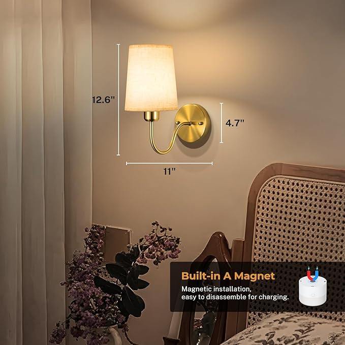 Battery Operated Wall Sconce Set of 2, Rechargeable Wall Sconces with 10000mAh Dimming Magnetic Bulb, Wireless Battery Powered Wall Lights with Pleated for Bedroom Living Room Gallery Hallway,Gold