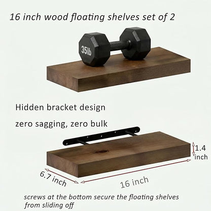 BBE Floating Shelves for Room Wall Rustic Walnut Wooden Bathroom Wall-Mounted Shelf Over Toilet Decor 16 Inch Storage Wood Shelves for Living Room, Bedroom, Kitchen Farmhouse 16D x 6.7W Set of 2
