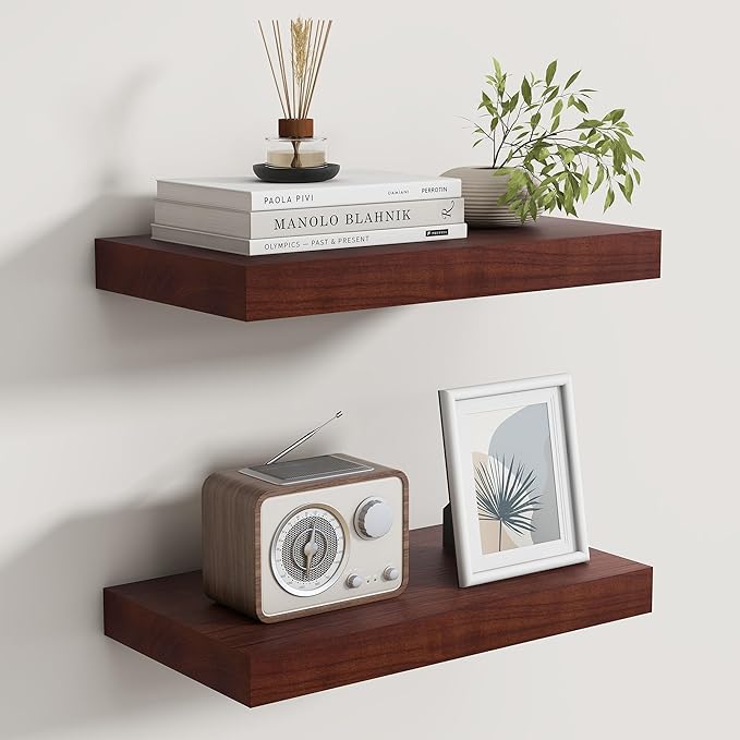 Floating Shelves for Wall, Real Wood Floating Shelf Set of 2, 8 Inch Deep Floating Shelves, Rustic Wood Wall Shelf for Home Decor, Deep Storage Shelves for Bathroom, Kitchen, 16