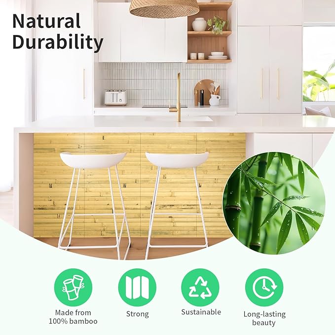 Natural Bamboo Wall Panel for Interior Wall Decor, Renewable Pole Wrap Wainscoting Paneling for Wall Ceiling Furniture Cabinet Office, 12 x 96 Inch, Natural
