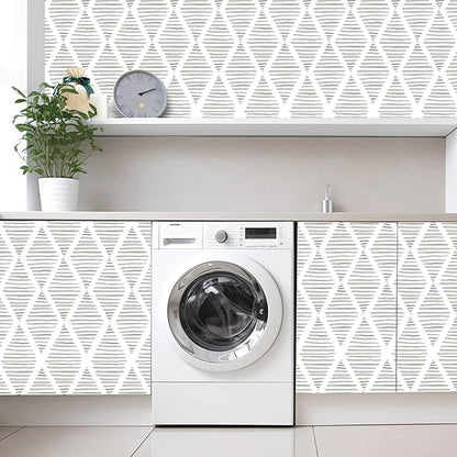 White and Silver Gray Peel and Stick Wallpaper 17.7"x1200" Modern Striped Rhombus Wallpaper Vinyl Shelf Paper & Drawer Liner Roll for Bedroom, Living Room