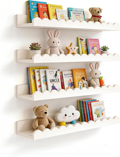 Scalloped Shelves for Nursery - Wall Book Shelves for Bedroom Kids, Nursery Bookshelf for Wall Set of 4, Floating Book Shelves Solid Wood,16 Inch, White