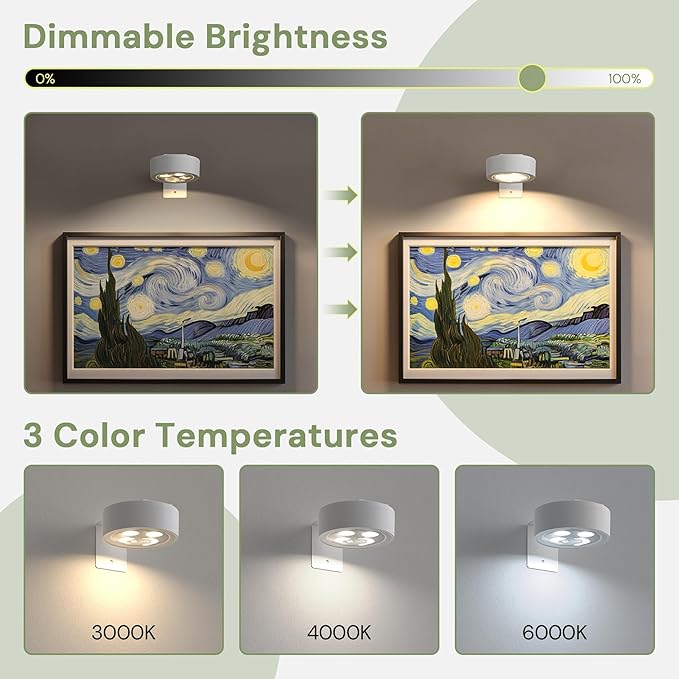 L LOHAS LED White Picture Lights for Wall, 3 Pack Rechargeable LED Picture Light Battery Operated with Remote＆Timer, Dimmable Poster Light for Paintings, Portraits, Art Frames, 3 Color