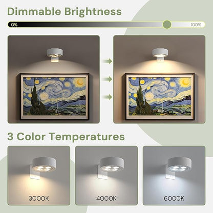 L LOHAS LED White Picture Lights for Wall, 3 Pack Rechargeable LED Picture Light Battery Operated with Remote＆Timer, Dimmable Poster Light for Paintings, Portraits, Art Frames, 3 Color