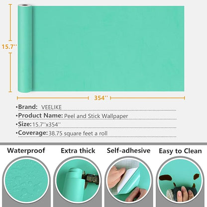 VEELIKE Tiffany Green Peel and Stick Wallpaper Bold Green Contact Paper for Walls Cabinets Shelves Waterproof 15.7''x354'' Self Adhesive Vinyl Removable Renter Friendly Wall Paper for Bedroom Bathroom