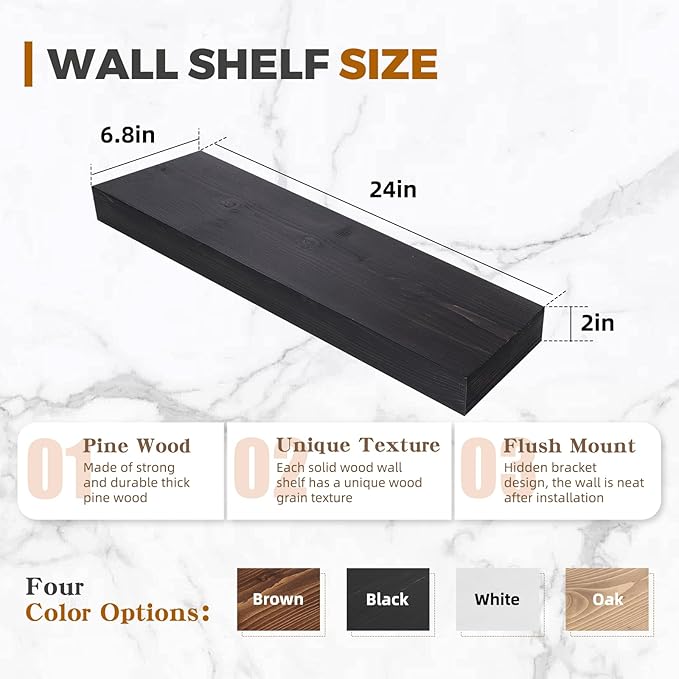 24x6.8x2 Inch Rustic Floating Shelves for Wall Set of 2 - Black Solid Wood Wall Mounted Shelves with Invisible Bracket, Extended Design for Farmhouse Living Room Bedroom Kitchen Decor