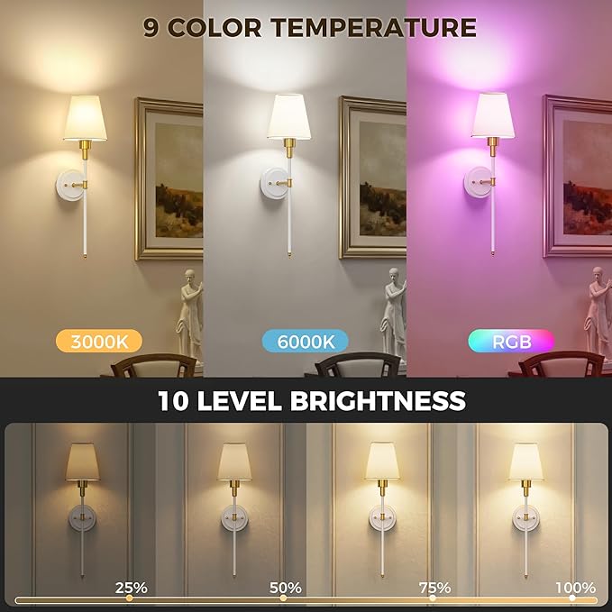 DORESshop Battery Operated Wall Sconce Set of 2, Wireless Wall Light Easy to Install, 7 Color Rechargeable Wall Sconces, Sconce Wall Decor Set of 2 for Bedroom, Living Room, Gold and White, 24.6in