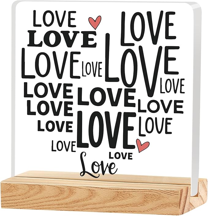 Valentines Desk Decor, Happy Valentine's Day Home Office Table Sign for Porch Tiered Tray Shelf Party, Rustic Romantic Acrylic Gifts Decorations for Him Her Wife, Love