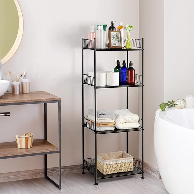 OYEAL Bathroom Shelves Freestanding Bathroom Towel Storage 4 Tier Wire Shelving Unit Bathroom Standing Shelf Floor Organizer for Pantry Kitchen Laundry Room Organization, Black
