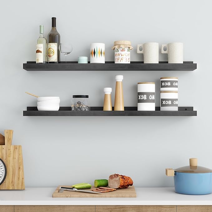 Picture Ledge Shelf Wall, 36 inch Solid Ash Wood Nursery Book Shelves 2 Packs, Floating Ledge Shelves for Kids' Room Bedroom Bathroom Living Room Photo Frames Office Nursey Wall Decor, Black