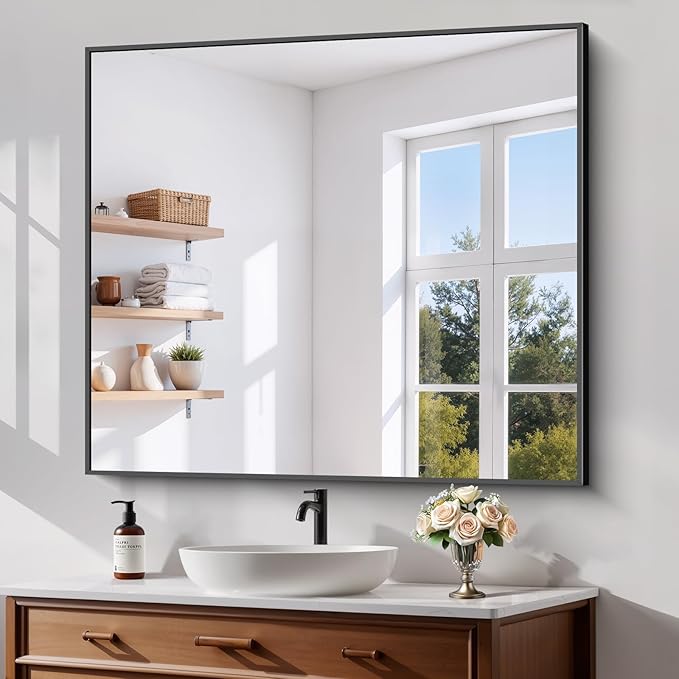 Koonmi Black Framed Bathroom Mirror - Shatterproof 36