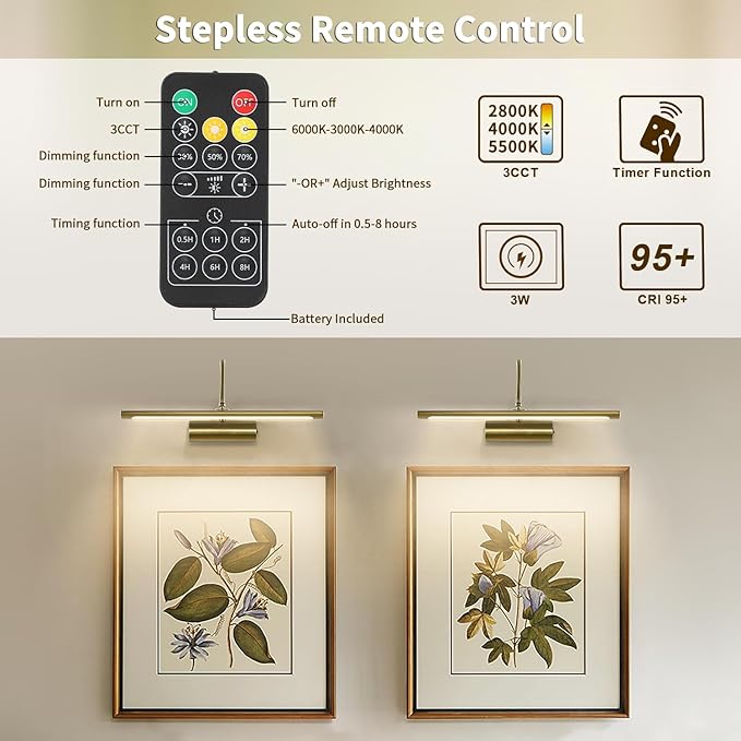 JOOSENLUX Battery Operated Picture Lights Gold Wall Lights Wireless Flexible Neck with Remote Rechargeable Wall Lights for Pictures 16