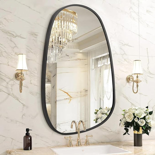 Black Irregular Bathroom Mirror for Wall, Aluminum Alloy Frame Asymmetrical Mirrors Brushed Metal Vanity Wall Mounted Mirror for LivingRoom Bedroom Room Home Decor Large 26"x14"