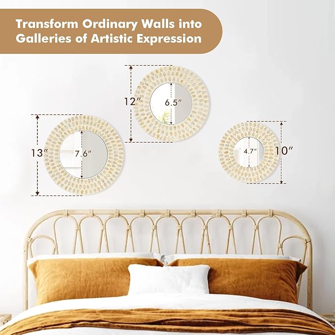 Boho Mirror Wall Decor for Living Room, 3PCS Natural Mother of Pearl Decorative Mirror for Farmhouse Rustic Home, Hanging Sculptures for Women Bedroom Hallway Porch Decoration (Light Brown)