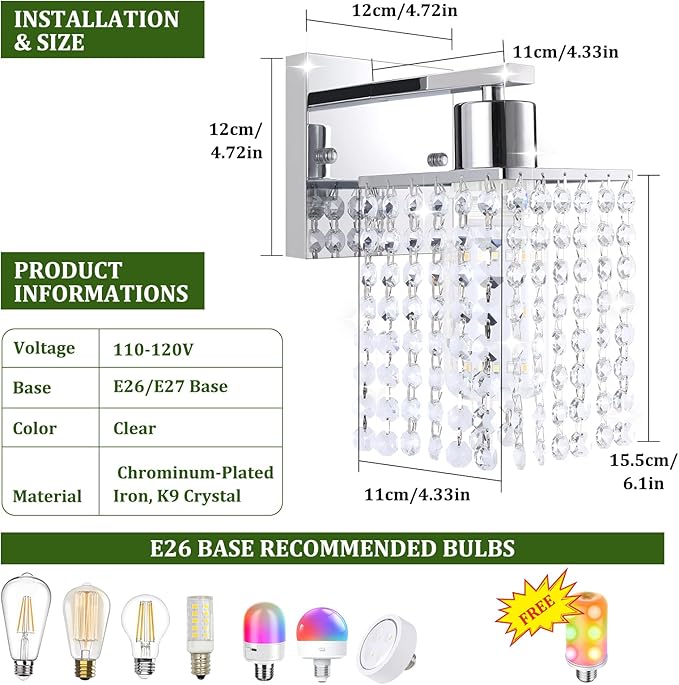 Set of 2 Crystal Battery Operated Wall Sconce,Rechargeable Wall Lamp with 5200mAh Battery & Remote Control, Modern Dimmable Wireless Wall Lights for Bedroom Bathroom (Clear, Silver Base)