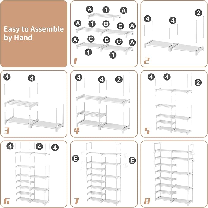 ROJASOP White Shoe Rack, Tall Metal Shoe Rack Organizer for Entryway Closet Garage, 8 Tier Large Shoe Shelf for 26-32 Pairs Boots & Shoes Storage, Space Saving Heavy Duty Shoe Stand